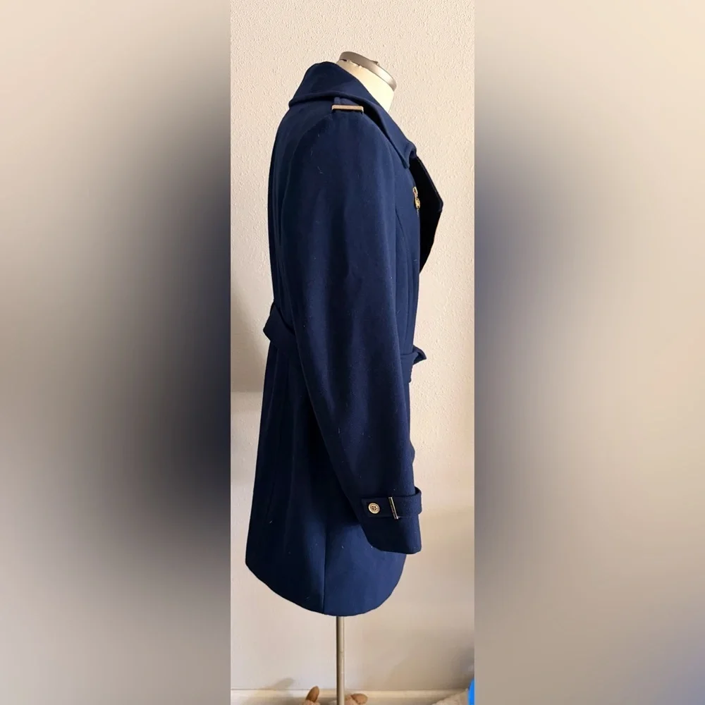 Michael Kors Navy Wool Blend Trench Coat with Gold Accents 16